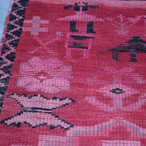 Handcrafted Runner Rug with Character Drawings of Moroccan Culture, Vintage Red Berber Moroccan Rug , Hallway Rug Runner image 5