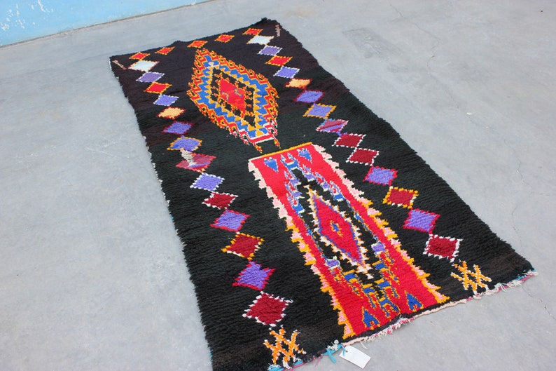 Schwarzer Teppich Marokkanischer bunter Teppich, marokkanischer schwarzer Läufer, handgefertigter Teppich, schwarzes Design und lebendige Farben, perfekter Akzent für jeden Raum Bild 3