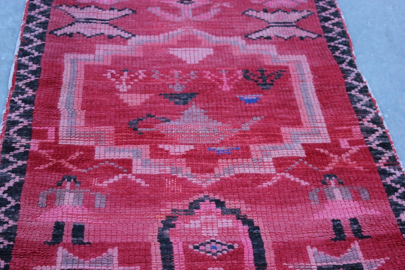 Handcrafted Runner Rug with Character Drawings of Moroccan Culture, Vintage Red Berber Moroccan Rug , Hallway Rug Runner image 3