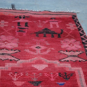 Handcrafted Runner Rug with Character Drawings of Moroccan Culture, Vintage Red Berber Moroccan Rug , Hallway Rug Runner image 2