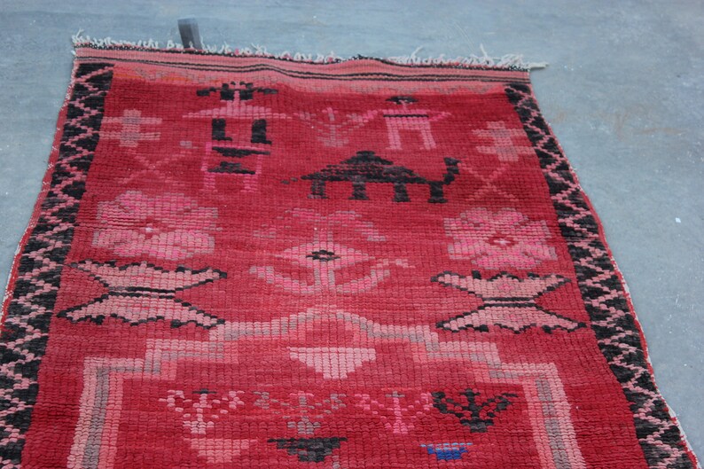 Handcrafted Runner Rug with Character Drawings of Moroccan Culture, Vintage Red Berber Moroccan Rug , Hallway Rug Runner image 2