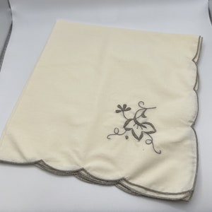 Cotton Cloth Napkins, Cream with Taupe Embroidery and Scalloped edge Set of 6