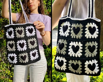 Granny Square Bag, Crochet Tote Bag, Afghan Crochet Bag, Crochet Purse, Heart Bag, Gift for Mum, Gift for her