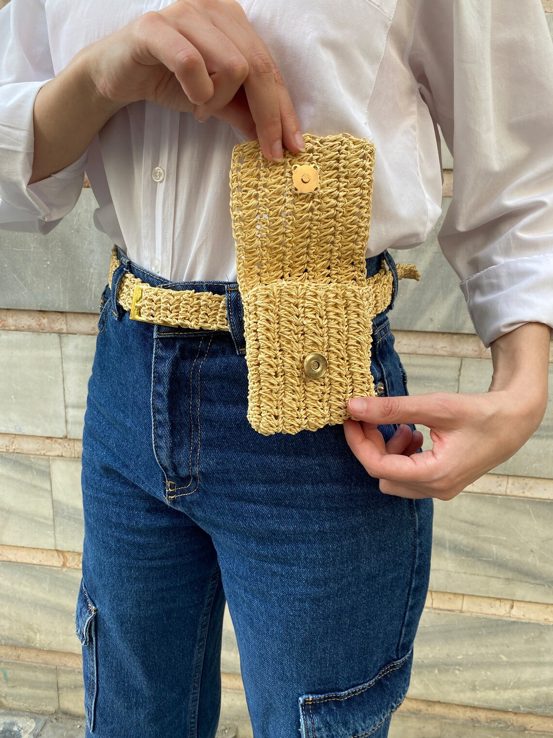 Crochet Straw Belt Bag Straw Beltrattan Belt Bag Small Etsy