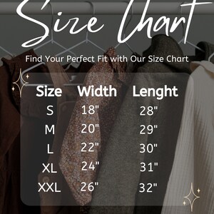 May include: Size chart with measurements in inches for different sizes of clothing. The chart shows the width and length of each size, from S to XXL.