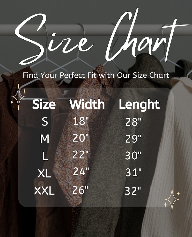 May include: Size chart with measurements in inches for different sizes of clothing. The chart shows the width and length of each size, from S to XXL.