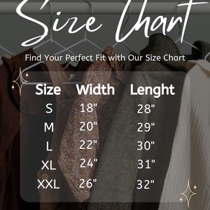 May include: Size chart with measurements in inches for different sizes of clothing. The chart shows the width and length of each size, from S to XXL.