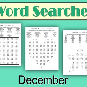 以下が含まれることがあります： 12月1日、20日、25日のための白黒の単語検索パズル3つ。パズルには、ローザ・パークスデー、ヒューマン・ソリダリティデー、クリスマスに関連する単語が掲載されています。