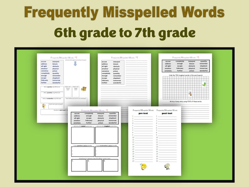 K&ouml;nnte beinhalten: Eine Sammlung von Arbeitsbl&auml;ttern mit dem Titel "Frequently Misspelled Words" f&uuml;r Sch&uuml;ler der 6. bis 7. Klasse. Die Arbeitsbl&auml;tter enthalten Wortlisten, L&uuml;ckentexte und Wortsuchr&auml;tsel zur Verbesserung der Rechtschreibkenntnisse.