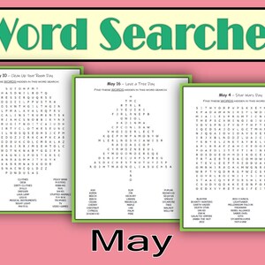 以下が含まれることがあります： 5月の祝日に使える、印刷可能な単語検索パズル3つ。最初のパズルは「部屋の片付けの日」、2番目は「木を愛する日」、3番目は「スターウォーズの日」です。