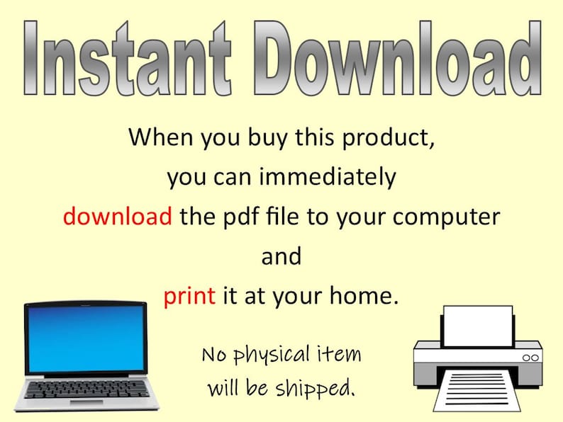 K&ouml;nnte beinhalten: Bild zur F&ouml;rderung eines Sofort-Downloads. Der Text lautet "Sofort-Download" und erkl&auml;rt, dass die PDF-Datei heruntergeladen und zu Hause ausgedruckt werden kann. Ein Laptop und ein Drucker sind abgebildet. Es wird kein physischer Artikel versandt.
