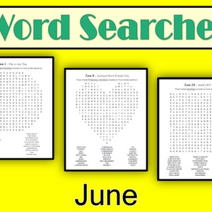 以下が含まれることがあります： 黄色い背景に、白黒の単語検索パズルが3つあります。パズルは6月1日、6月8日、6月24日用です。画像の下部には、大きな緑色の文字で「6月」と書かれています。