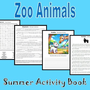 Zoo Animals  - Summer Activity Book, Digital Download, Summer, End of Year, Elementary Workbook