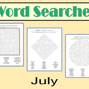 以下が含まれることがあります： 7月の祝日をテーマにした3つの単語検索パズル。最初のパズルは、アメリカ合衆国郵便切手の日、2番目はテディベアピクニックの日、3番目はナショナルロリポップの日です。各パズルには、祝日に関連する単語を見つけるための文字のグリッドがあります。