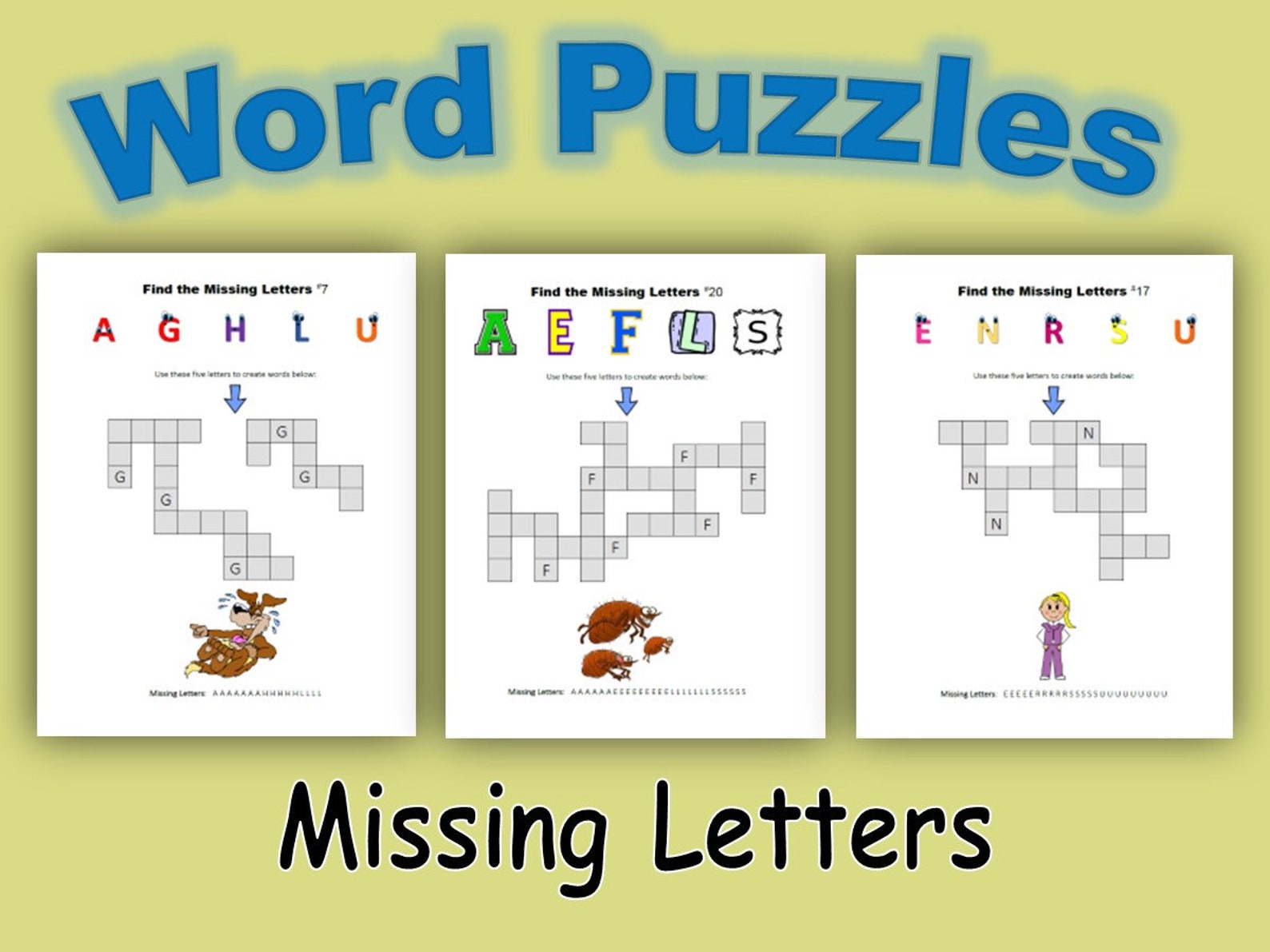Word Puzzles - Find the Missing Letters, Instant Digital Download, Worksheets, Homeschool ...