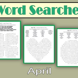 以下が含まれることがあります： 4月の祝日をテーマにした3つの単語探しパズル。最初のパズルはエイプリルフール、2番目は国民体育の日、3番目はアースデイです。各パズルには、隠された単語のある文字のグリッドがあります。