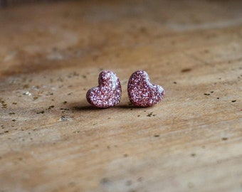 Pink glitter valentine earrings, pink stud earrings, pink earrings, pink heart-shaped earrings, stud earrings, wedding pink earrings, hearts