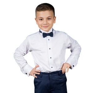 Boys Wing Collar, Long Sleeve, Tuxedo Shirt, Wedding, Baptism, Formal, Navy Button Up with Navy Cufflinks, Dress Shirt White