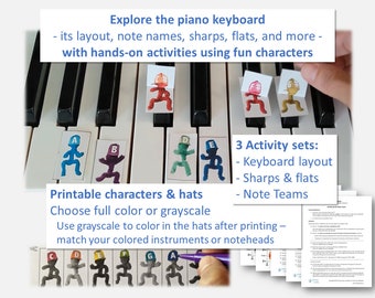 At-the-piano activities for beginner piano students - includes full color and colorable character sheets and 3 activity sets