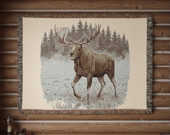 Woven Moose Blanket, Rustic Cabin Throw Blanket, Cozy Cabin Wildlife Decor, Lodge Blanket, 100% Cotton Bedding, Nature Lover Gift