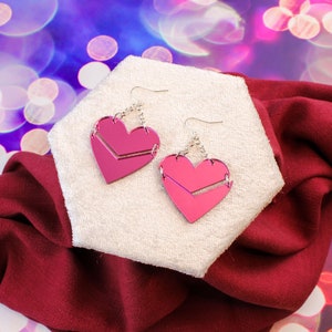 Pink Mirror Acrylic Chevron Split Heart Earrings, rolo chain, mirror hearts on chains earrings, Valentines Day earrings, silver or gold wire