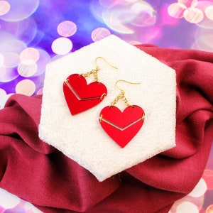 Red Mirror Acrylic Heart Earrings, chevron heart earrings, hearts on chains, Valentine&#39;s Day hear earrings, silver or gold rolo chain & wire