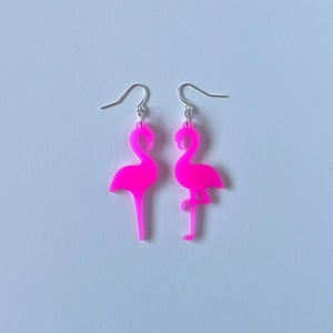 Neon Pink Frosted Acrylic Flamingo Earrings, dangle earrings, rose gold ear wire plus other wire and stud options available