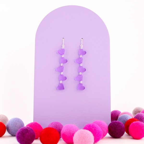 Frosted Lilac Acrylic Heart Earrings, long drop earrings with hearts, purple heart drop earrings. Choice of wire or stud, choice of metals.
