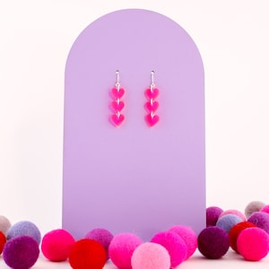 Florescent Red Hot Pink Acrylic, Stacked Heart Earrings, Valentine&#39;s Day Earrings, BLACKLIGHT earrings. Choice of wire or stud. Bright pink!