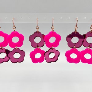 Double Daisy Earrings in Frosted Neon Pink and Pink Mirror Acrylic, choice of rose gold, gold or sterling silver wire, stainless steel stud
