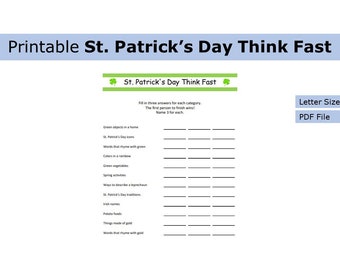 Printable St. Patrick’s Day Think Fast Game | Word Game | US letter size print at home game, activity, seasonal