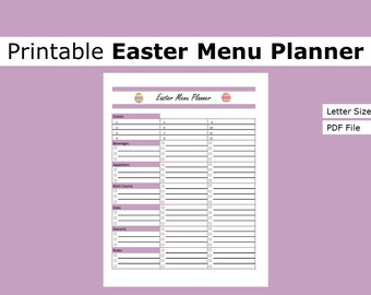 Printable Easter Menu Planner| Menu Planner | US letter size print at home list, shopping, planner, organizing, seasonal