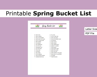 Printable Spring Bucket List| Spring List | US letter size print at home list, activity, seasonal