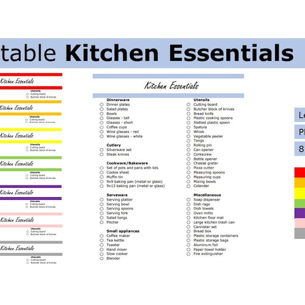 Printable Kitchen Essentials List | Kitchen checklist | US letter size print at home task checklist, organizer list