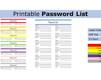 Printable Password List | Password list | US letter size print at home task checklist, organizer list