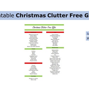 Printable Christmas Clutter Free Gift Ideas | Christmas Clutter Free Gift Ideas | US letter size print at home worksheet, gift giving, list