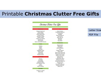 Printable Christmas Clutter Free Gift Ideas | Christmas Clutter Free Gift Ideas | US letter size print at home worksheet, gift giving, list