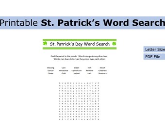 Printable St. Patrick’s Day Word Search | Word Search | US letter size print at home word game, activity, kids, seasonal