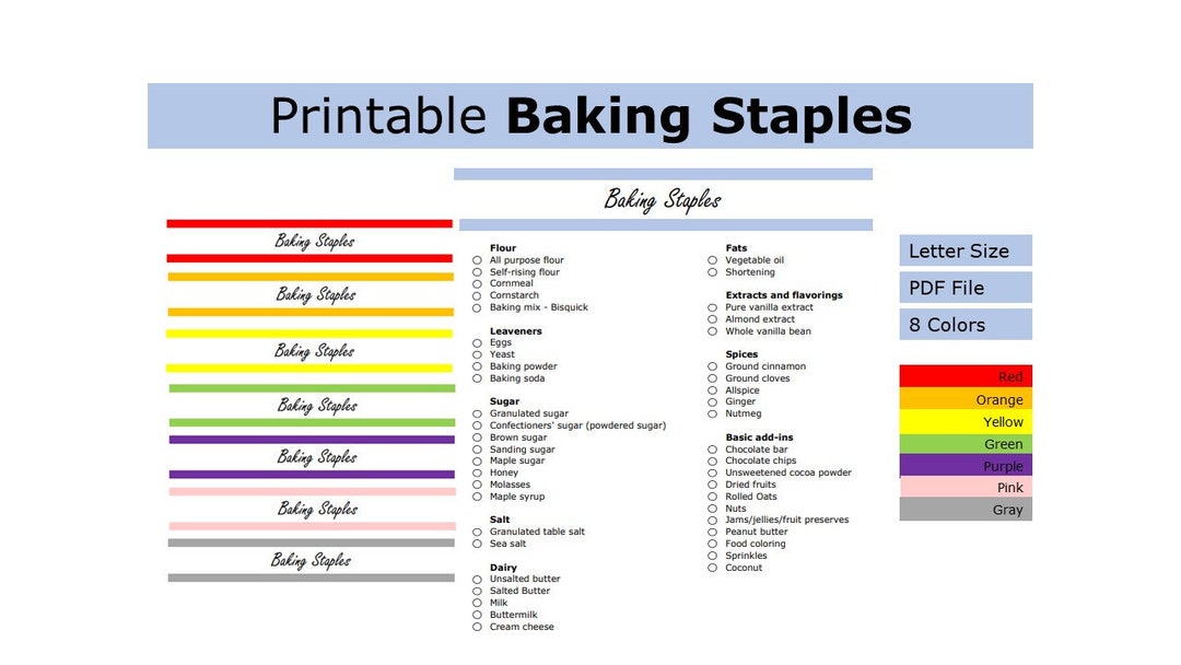 Printable Baking Staples List | Baking Checklist | US Letter Size Print ...