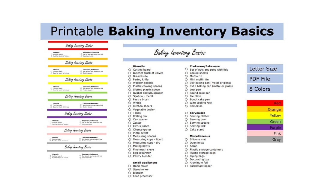 Printable Baking Inventory Basics List Baking Checklist US Letter Size