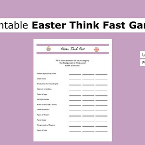 Printable Easter Think Fast Game| Easter Game | US letter size print at home party, game, activity, seasonal