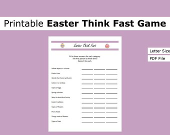 Printable Easter Think Fast Game| Easter Game | US letter size print at home party, game, activity, seasonal