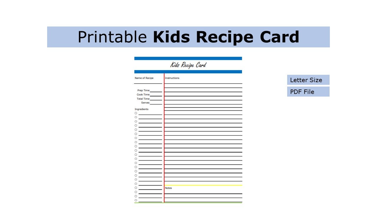 Printable Kids Recipe Card Kids Recipe Card US Letter Size Print at Home Worksheet, Cooking ...