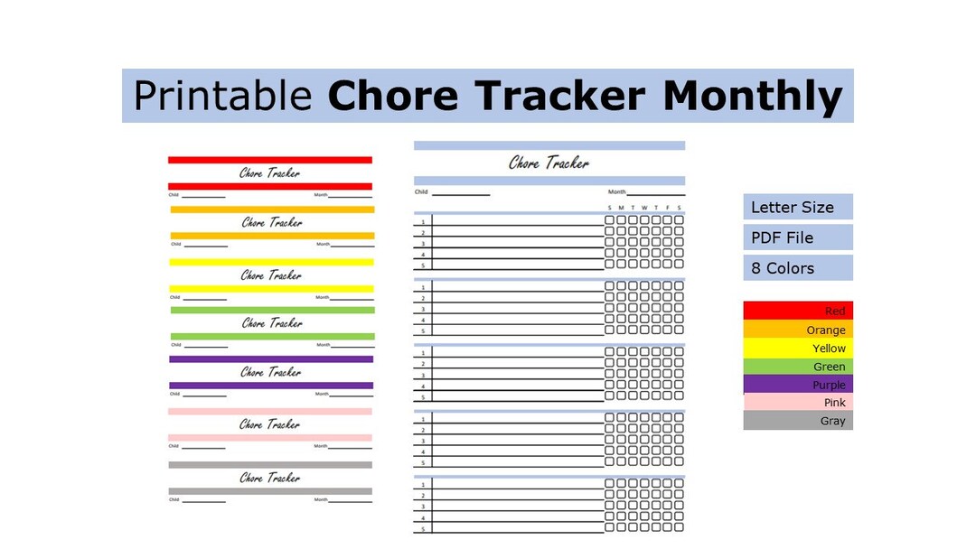 Printable Chore Tracker Monthly | Chore Tracker Monthly | US Letter ...