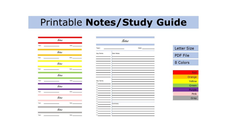 K&ouml;nnte beinhalten: Druckbare Notizen- und Studienleitfadenvorlage im PDF-Format. Die Vorlage ist in acht Farben erh&auml;ltlich: Rot, Orange, Gelb, Gr&uuml;n, Lila, Rosa und Grau. Die Vorlage enth&auml;lt Abschnitte f&uuml;r Thema, wichtige Punkte, Hauptfakten, Schl&uuml;sselbegriffe und Zusammenfassung.