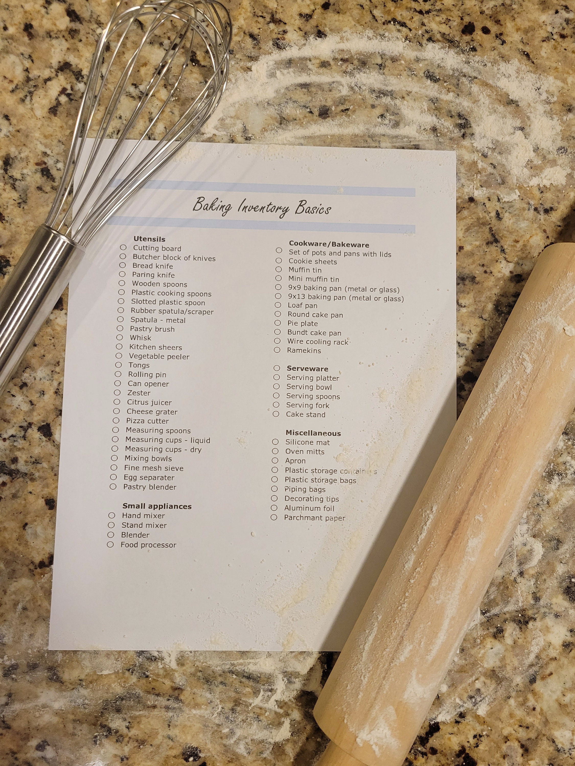 Printable Baking Inventory Basics List Baking Checklist US Letter Size