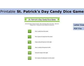 Printable St. Patrick’s Day Candy Dice Game | Dice Game | US letter size print at home game, activity, seasonal