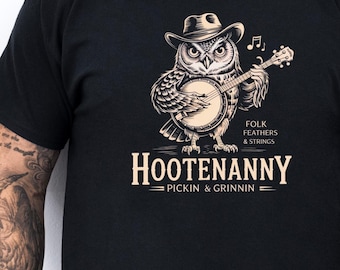 Hootenanny Owl Banjo Shirt, Folk Music Shirt, Funny Bluegrass Tee, Pickin And Grinnin Tshirt, Country Music Gift, Banjo Player T-Shirt