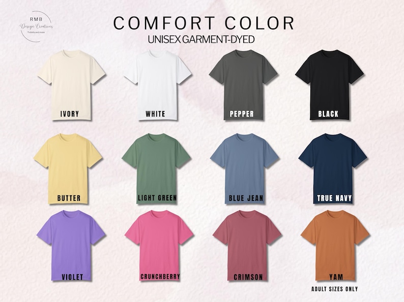 Peut inclure: Pr&eacute;sentation de t-shirts unisexes teints en fil, disponibles en plusieurs couleurs : ivoire, blanc, poivre, noir, beurre, vert clair, bleu jean, bleu marine, violet, crunchberry, cramoisi et igname. Le texte "COMFORT COLOR" et "UNISEX GARMENT-DYED" est visible.