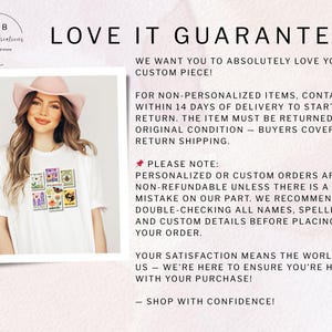 Peut inclure: Un t-shirt blanc avec un motif floral color&eacute;. Le t-shirt est port&eacute; par une personne portant un chapeau rose. L'image comprend le texte "LOVE IT GUARANTEE".
